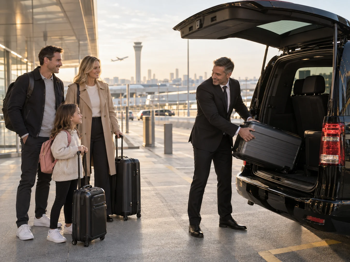 Professional chauffeur assisting a family with airport luggage