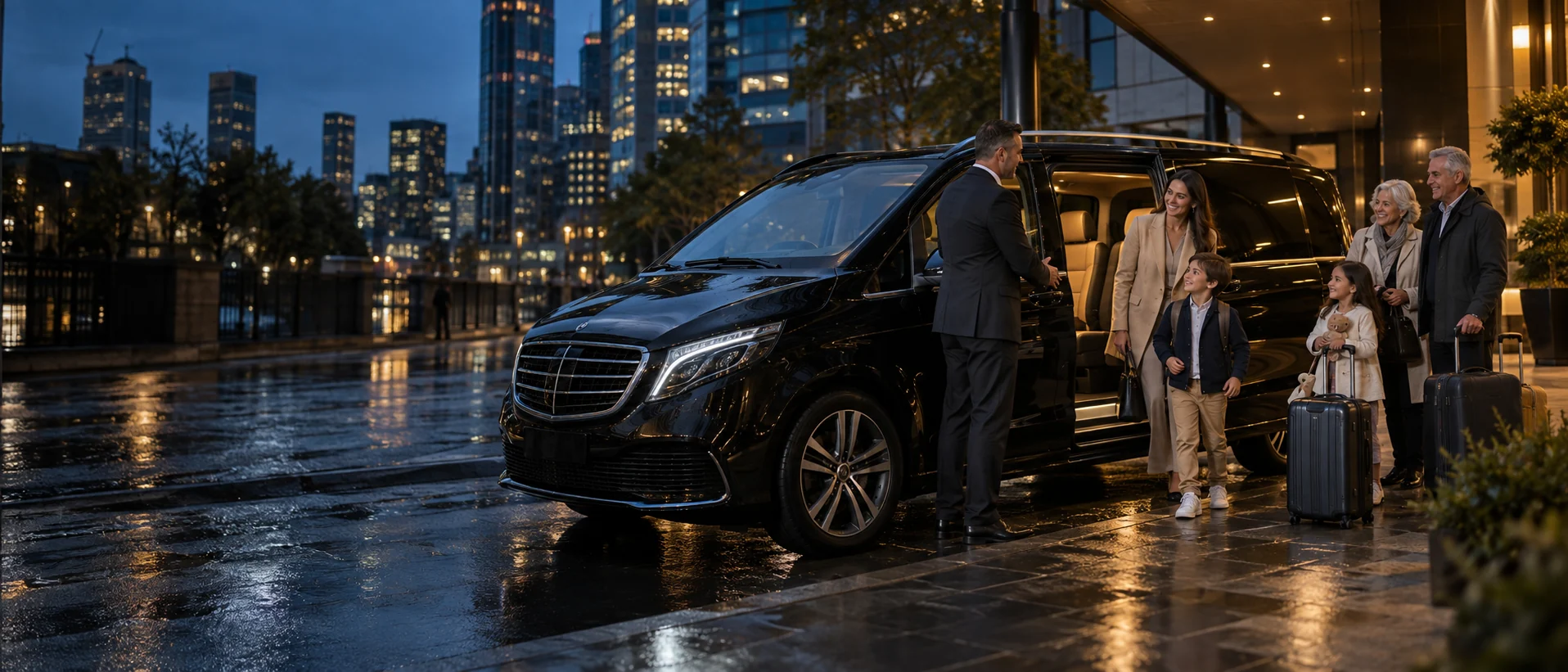 Luxe Avant chauffeur welcoming a family beside a premium vehicle in Melbourne